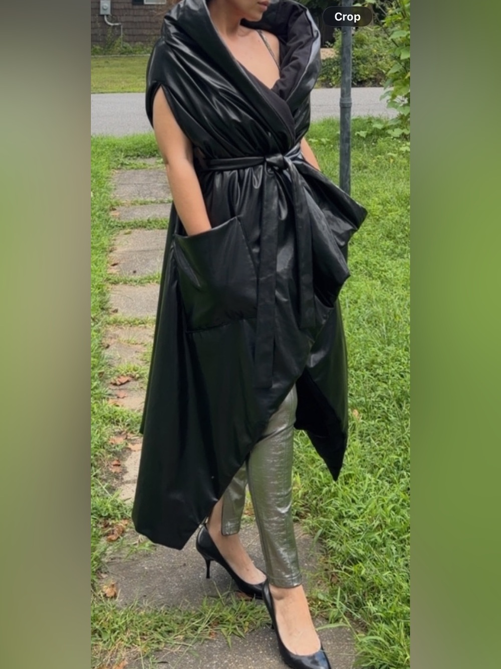 Asymmetric Black Faux Leather Wrap Vest with Belt